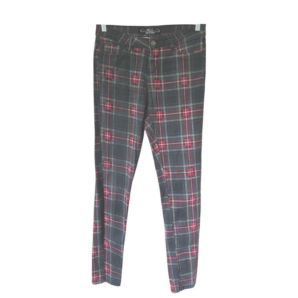 Hell Bunny Womens 30 Tartan Plaid Skinny Pants Jeans Punk Grunge Goth